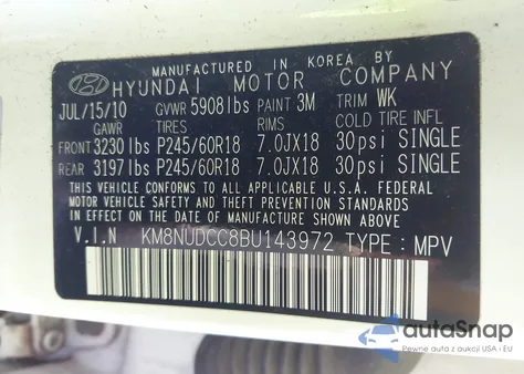 2011 Hyundai Veracruz Limited z USA, uszkodzony, nr VIN KM8NUDCC8BU143972